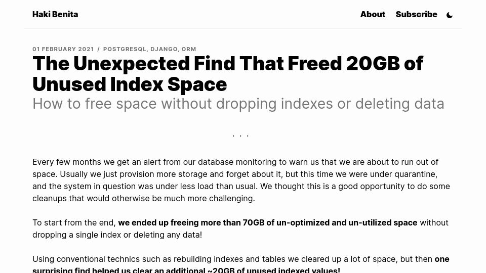 Screenshot of hakibenita.com: An unexpected find that freed 20GB of unused index space (2021)