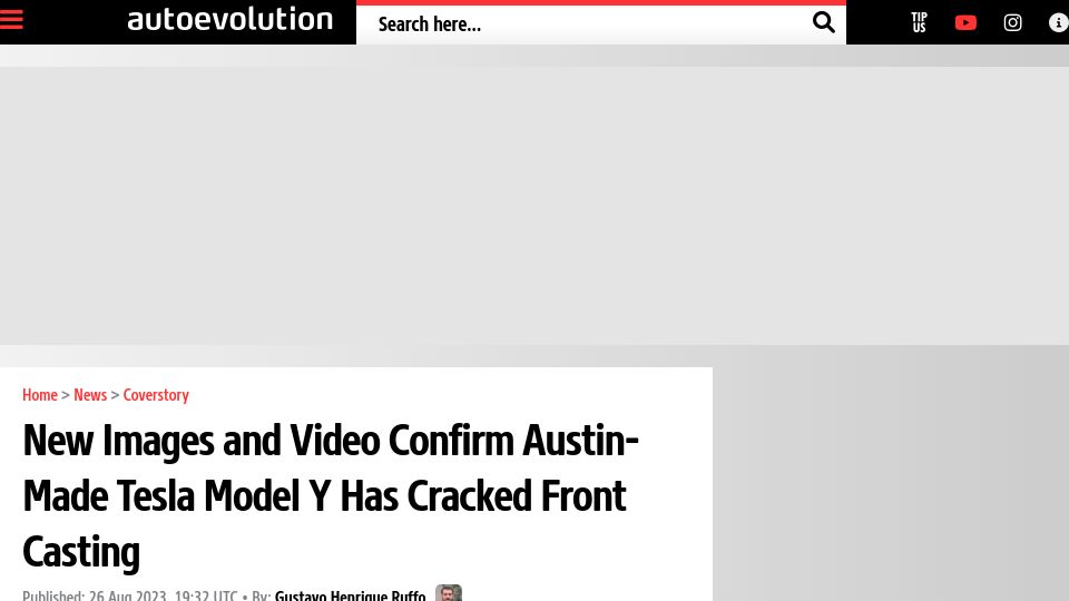 Screenshot of autoevolution.com: New images and video confirm Austin-made Tesla model Y has cracked front casting