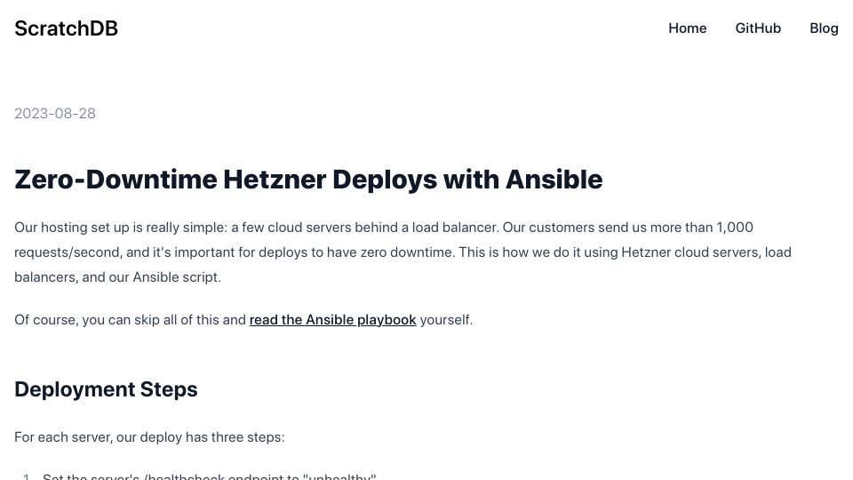 Screenshot of scratchdb.com: Zero-Downtime Hetzner Deploys with Ansible