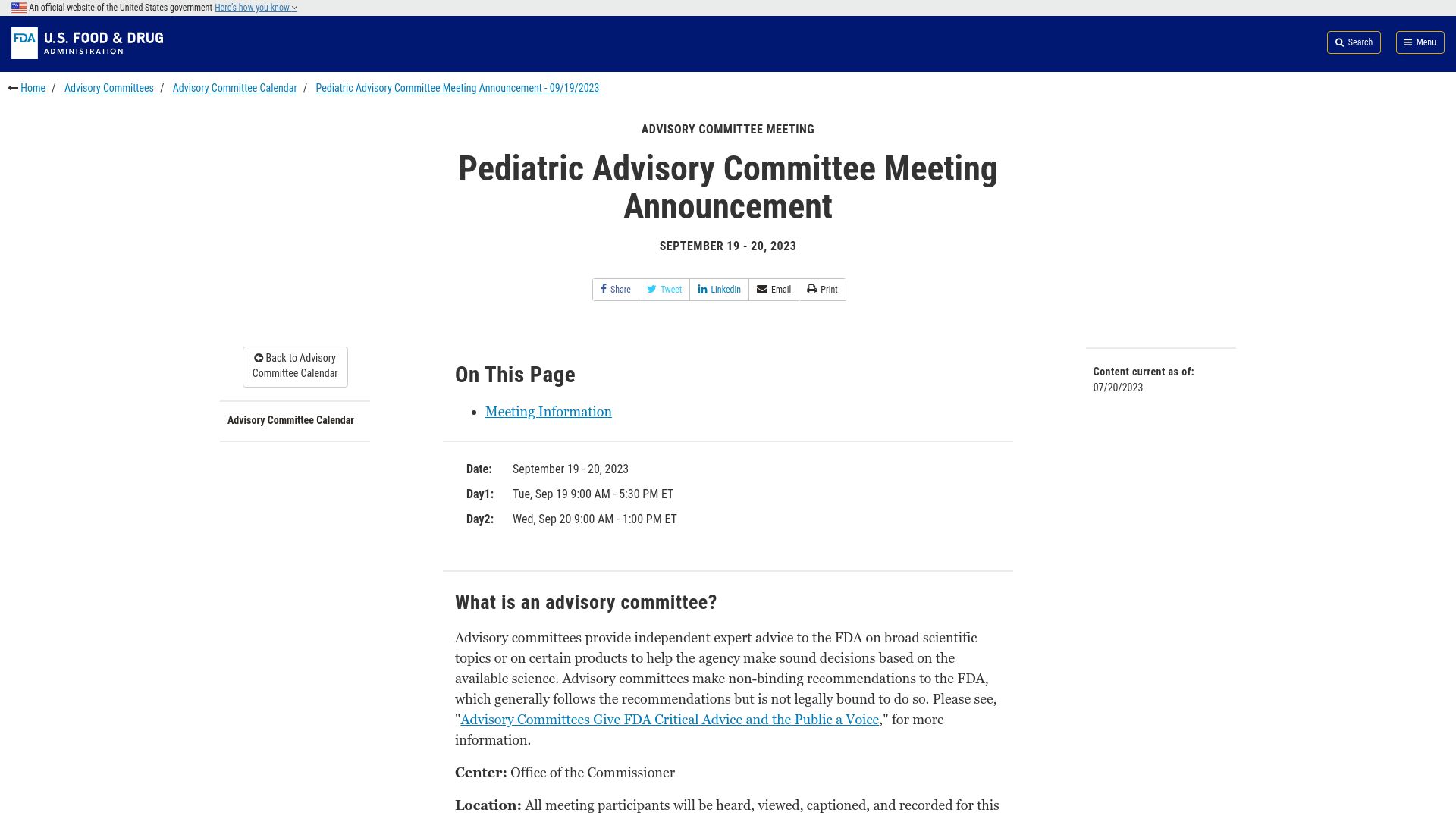 Screenshot of fda.gov: FDA schedules meeting to establish regulatory rules for artificial womb trials