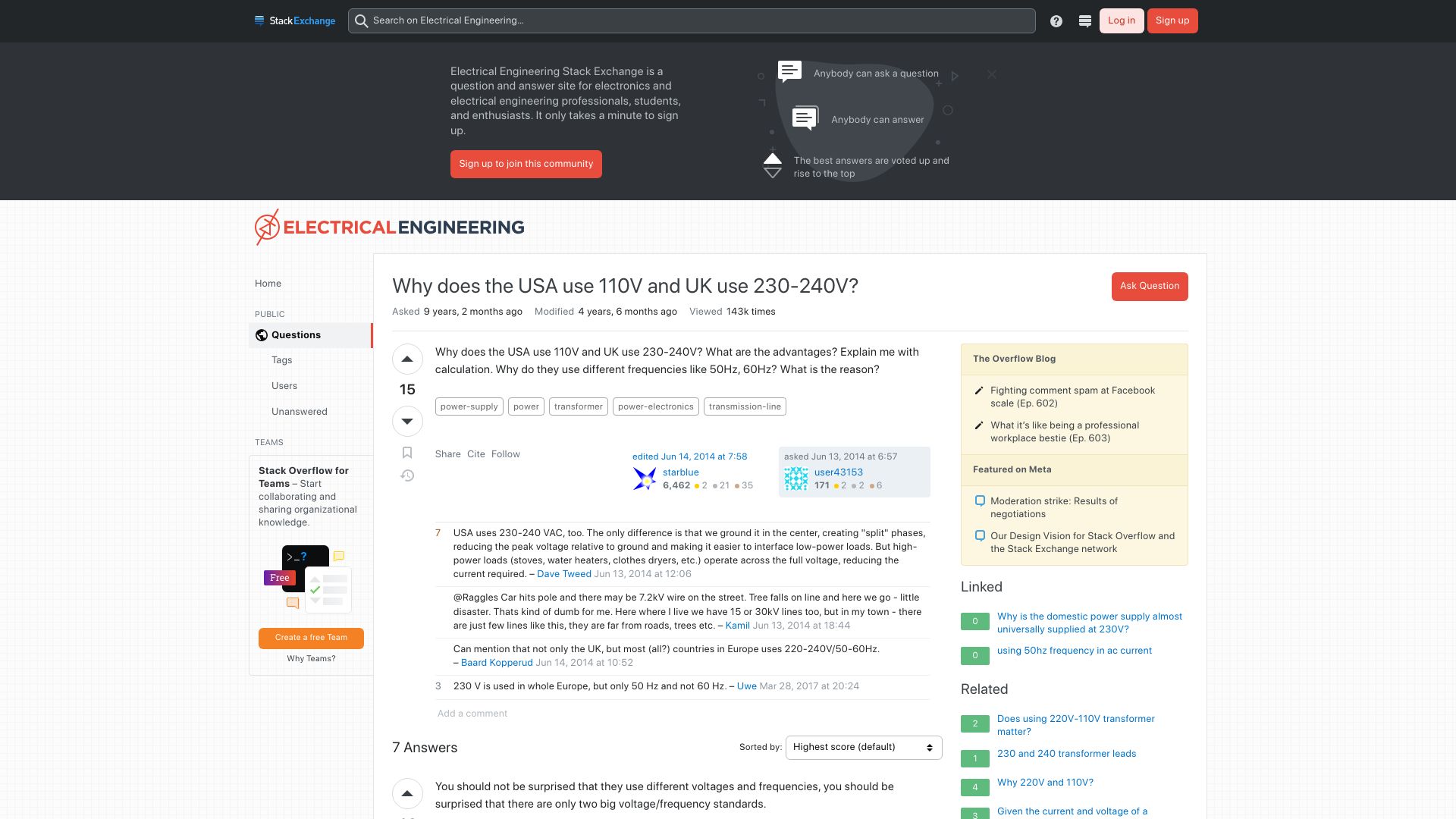 Screenshot of electronics.stackexchange.com: Why does the USA use 110V and UK use 230-240V? (2014)