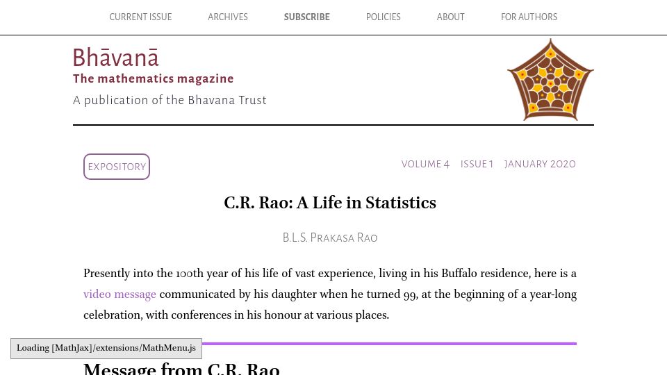 Screenshot of bhavana.org.in: C.R. Rao: A Life in Statistics (2020)