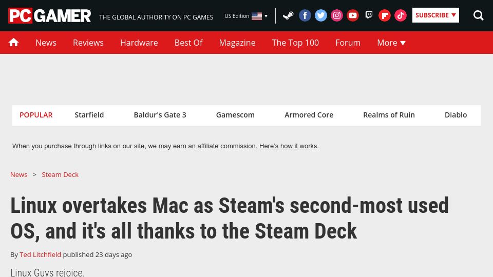 Screenshot of pcgamer.com: Linux overtakes Mac as Steam's second-most used OS, thanks to the Steam Deck