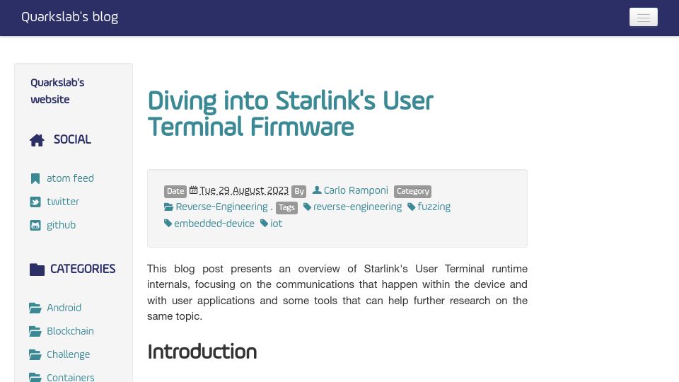 Screenshot of blog.quarkslab.com: Starlink's User Terminal Firmware