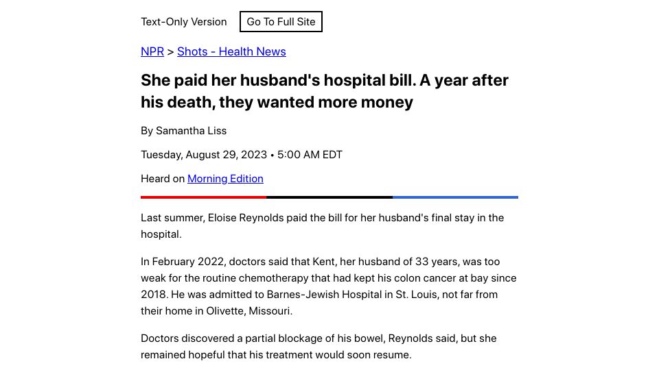 Screenshot of text.npr.org: She paid husband's hospital bill. A year after his death, they wanted more money