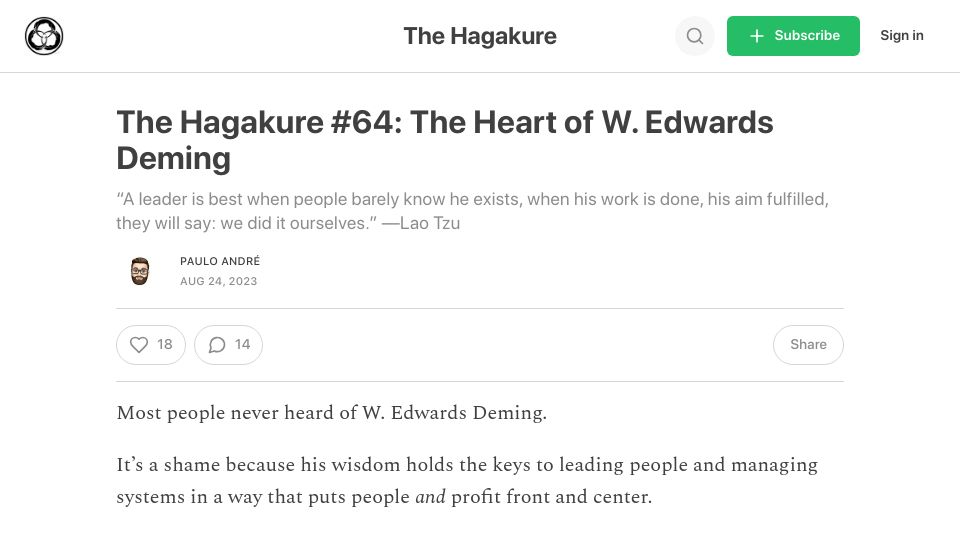 Screenshot of hagakure.substack.com: The Heart of W. Edwards Deming