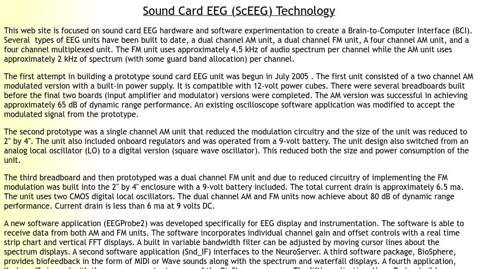 Screenshot of hotamateurprograms.com: Sound Card EEG (ScEEG) Technology