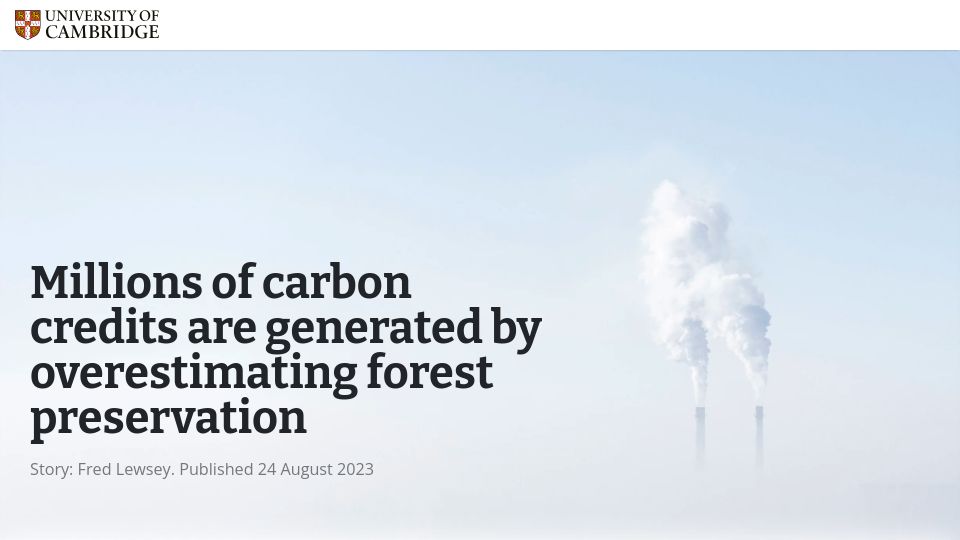 Screenshot of cam.ac.uk: Millions of carbon credits are generated by overestimating forest preservation