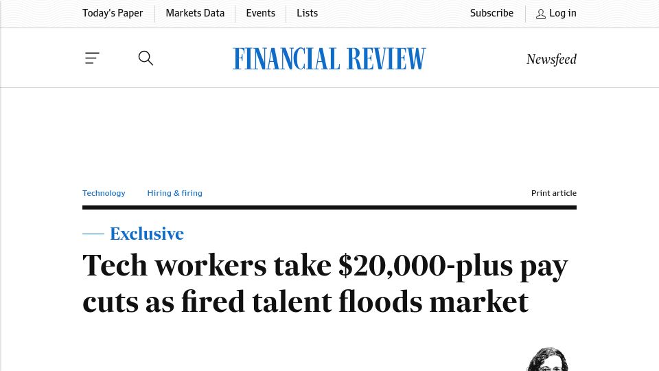 Screenshot of afr.com: Tech sector Salaries have fallen up to 15 per cent as fired talent floods market
