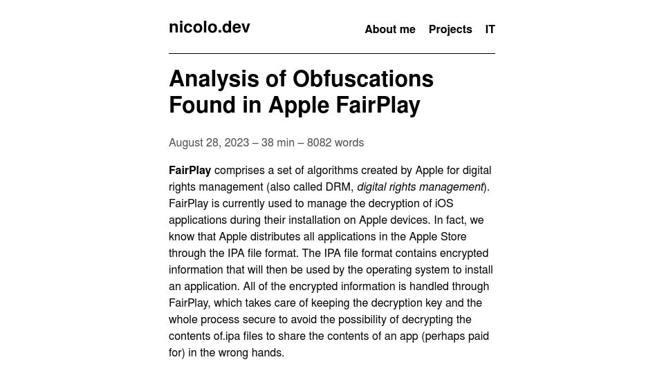 Screenshot of nicolo.dev: Analysis of Obfuscation Techniques Found in Apple FairPlay