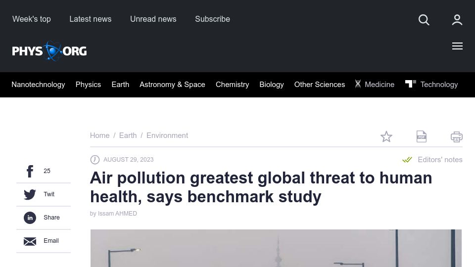 Screenshot of phys.org: Air pollution greatest global threat to human health, says benchmark study