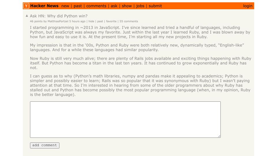 Screenshot of Hacker News post: Ask HN: Why did Python win?