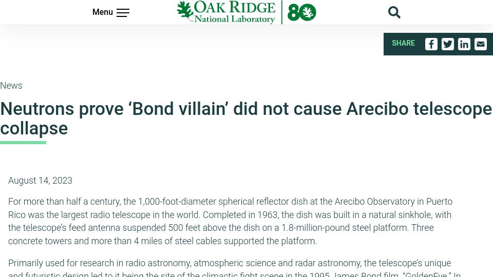 Screenshot of ornl.gov: Neutrons prove ‘Bond villain’ did not cause Arecibo telescope collapse