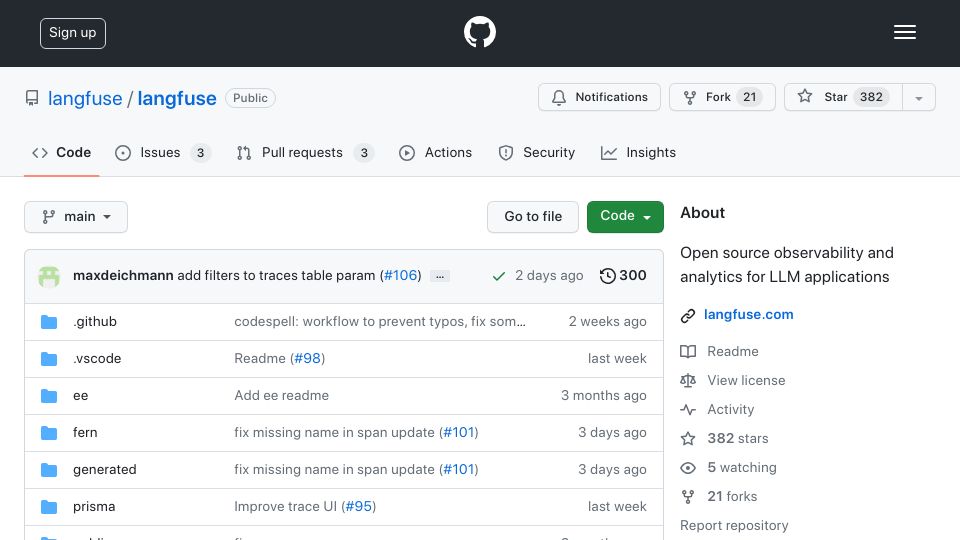 Screenshot of github.com: Show HN: Langfuse – Open-source observability and analytics for LLM apps
