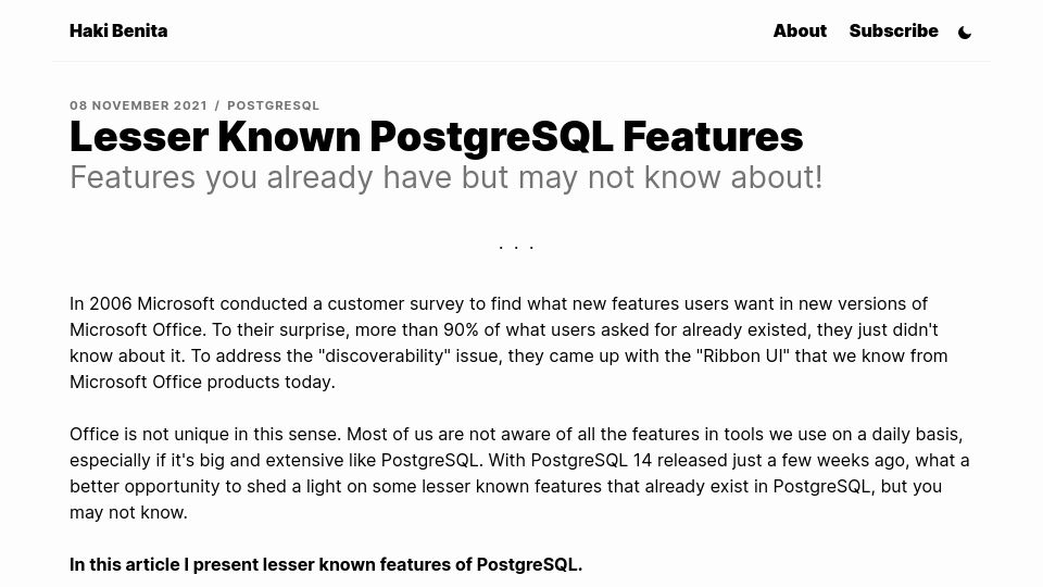 Screenshot of hakibenita.com: Lesser Known Postgres Features (2021)