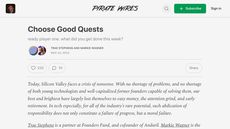 Screenshot of piratewires.com: Silicon Valley faces a crisis of nonsense