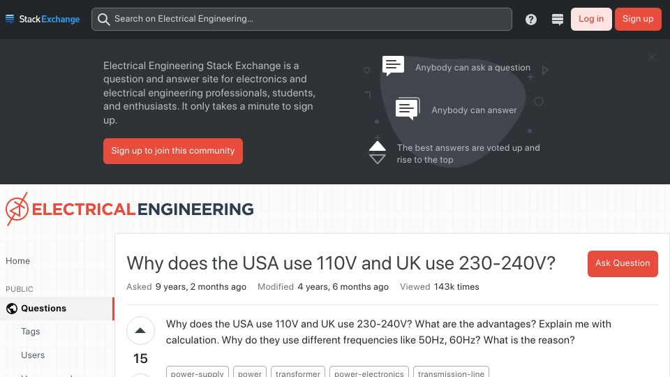 Screenshot of electronics.stackexchange.com: Why does the USA use 110V and UK use 230-240V? (2014)