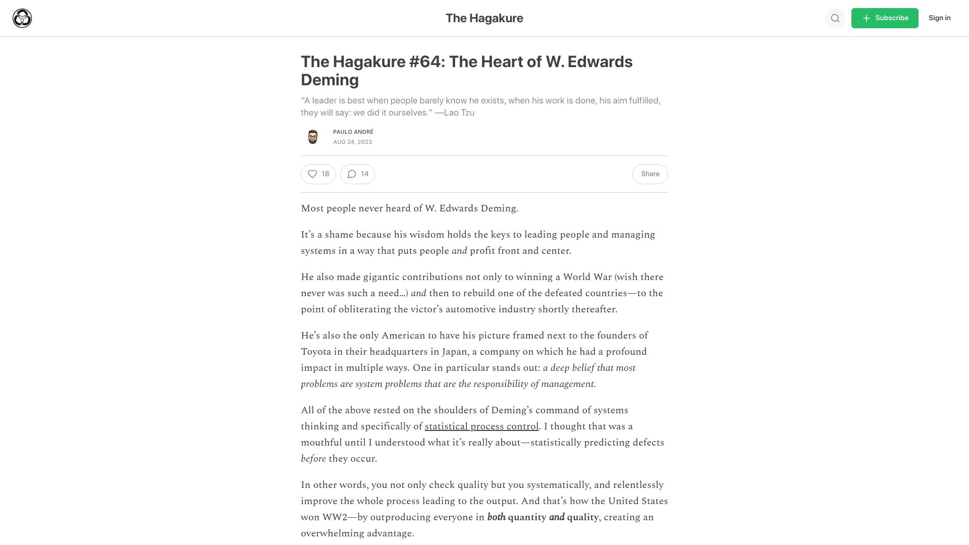 Screenshot of hagakure.substack.com: The Heart of W. Edwards Deming