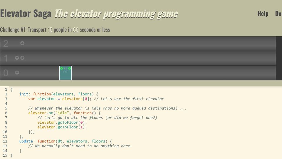 Screenshot of play.elevatorsaga.com: Elevator Saga: An elevator programming game (2015)