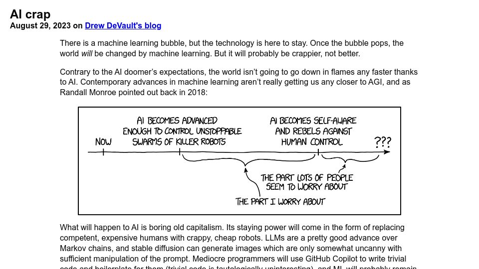 Screenshot of drewdevault.com: AI Crap