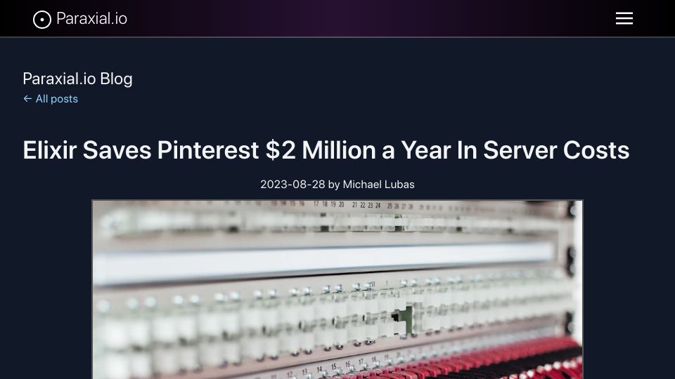 Screenshot of paraxial.io: Elixir Saves Pinterest $2M a Year in Server Costs