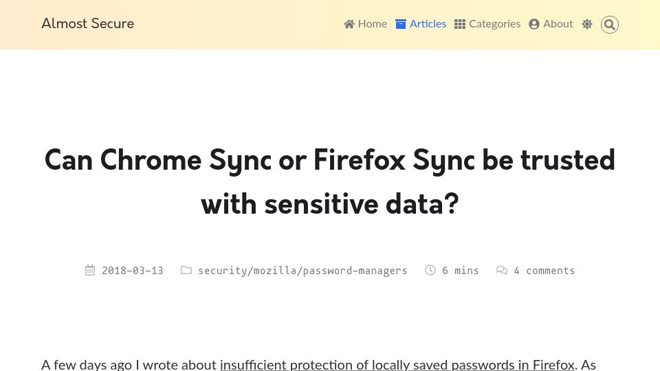 Screenshot of palant.info: Can Chrome Sync or Firefox Sync be trusted with sensitive data? (2018)