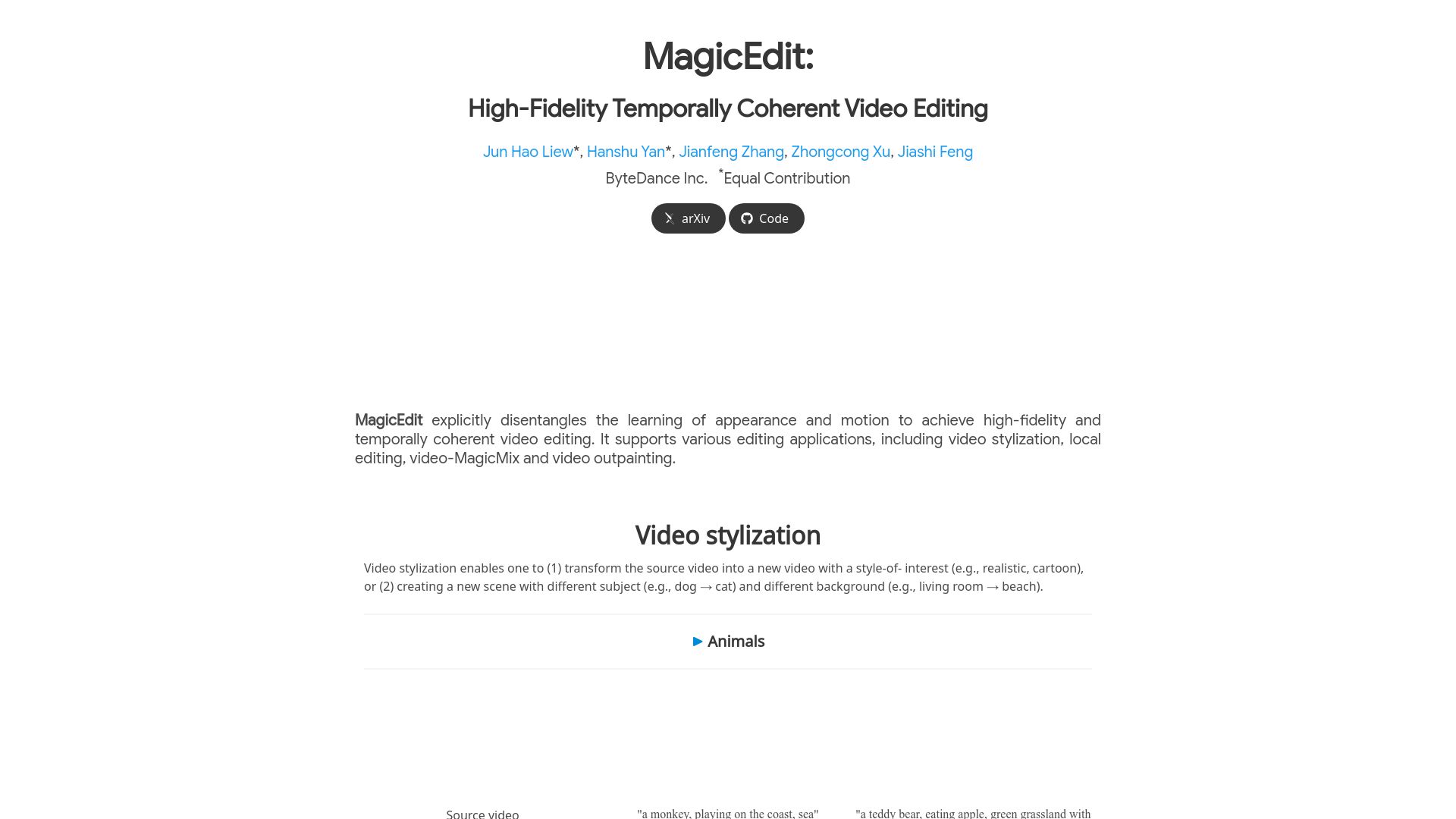 Screenshot of magic-edit.github.io: MagicEdit: High-fidelity temporally coherent video editing