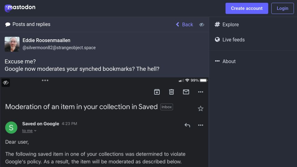 Screenshot of strangeobject.space: Google moderates Google Collections items
