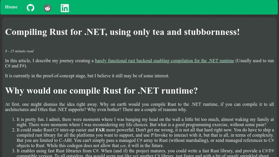 Screenshot of fractalfir.github.io: Compiling Rust for .NET, using only tea and stubbornness