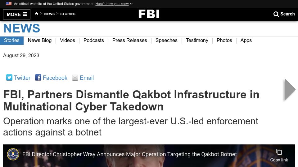 Screenshot of fbi.gov: FBI, partners dismantle Qakbot infrastructure