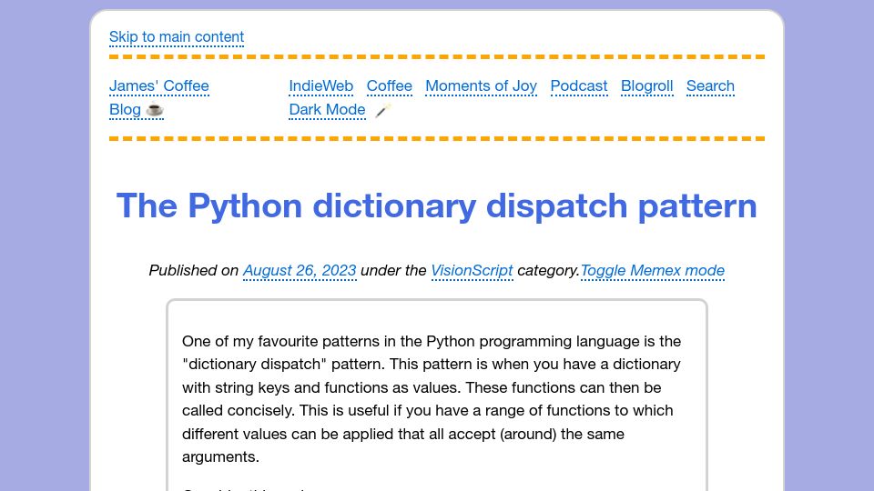 Screenshot of jamesg.blog: The Python dictionary dispatch pattern