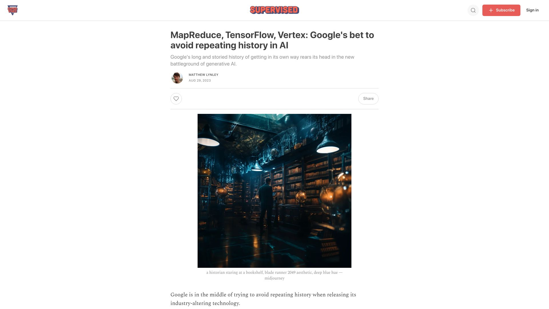 Screenshot of supervised.news: MapReduce, TensorFlow, Vertex: Google's bet to avoid repeating history in AI