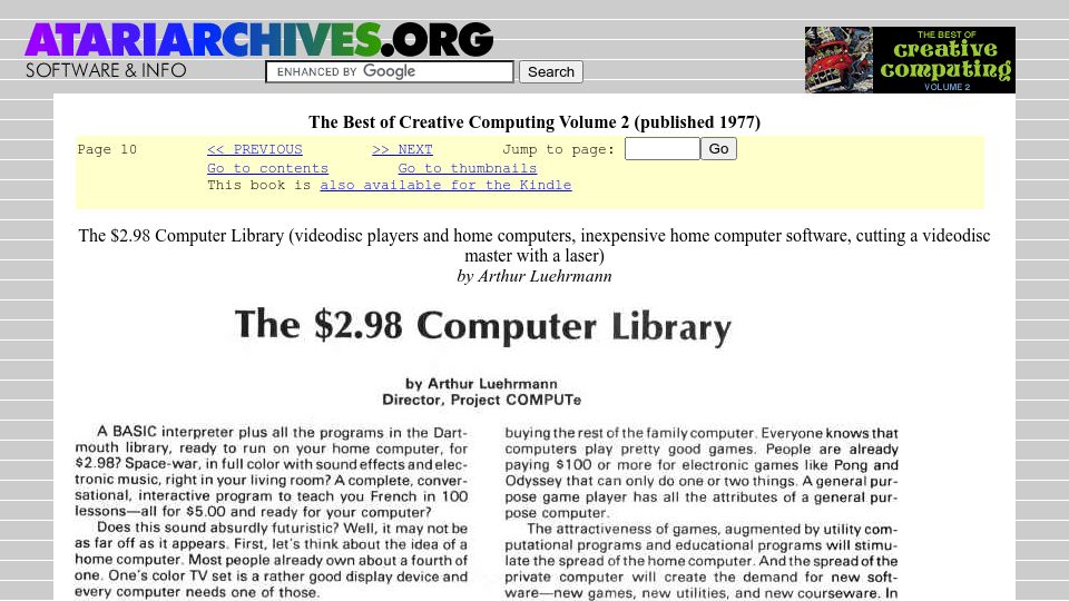 Screenshot of atariarchives.org: The $2.98 Computer Library (1977)