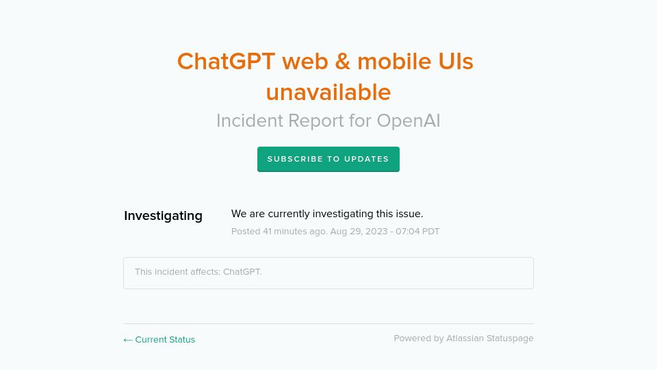 Screenshot of status.openai.com: ChatGPT web and mobile UIs unavailable