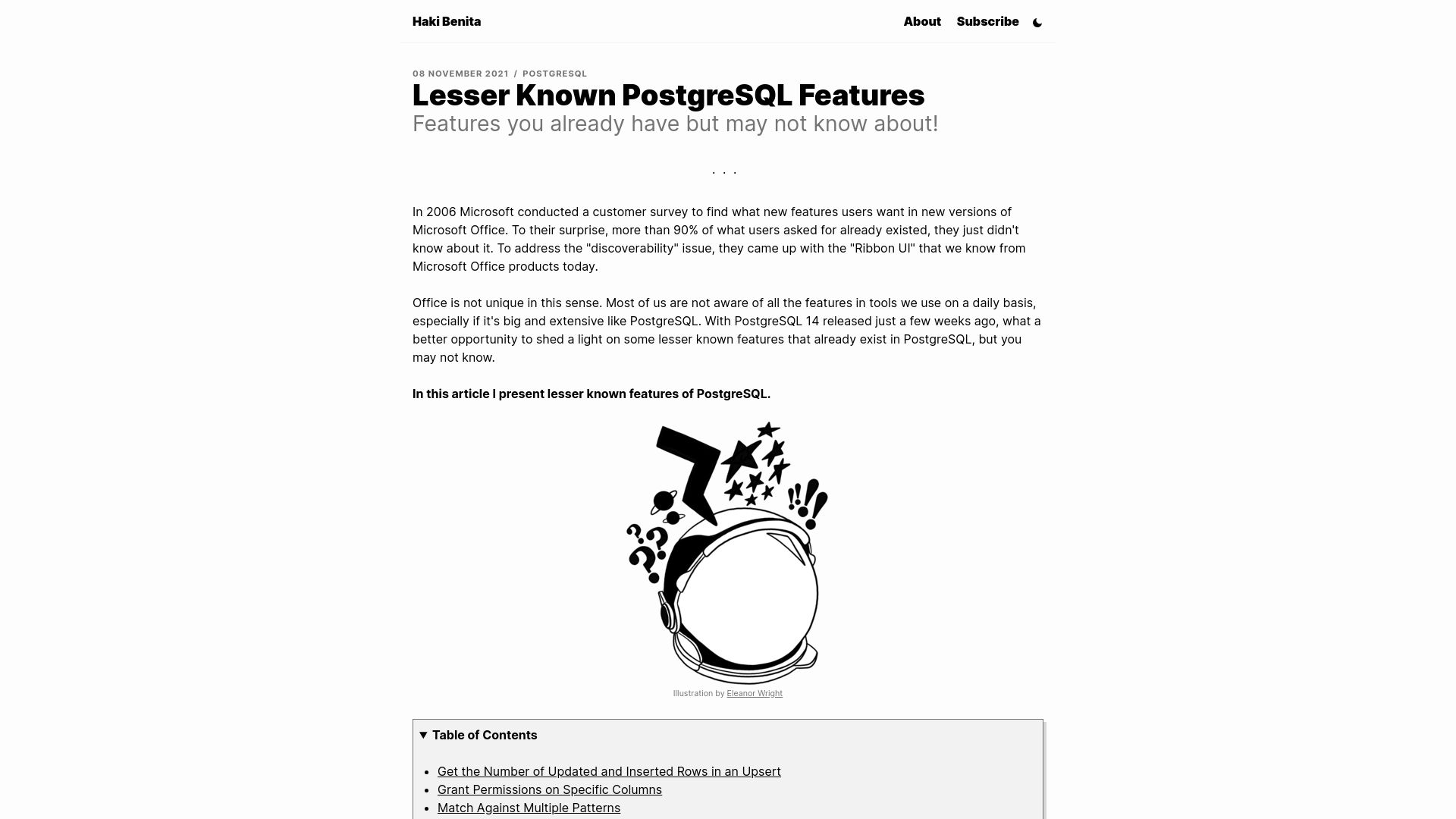 Screenshot of hakibenita.com: Lesser Known Postgres Features (2021)