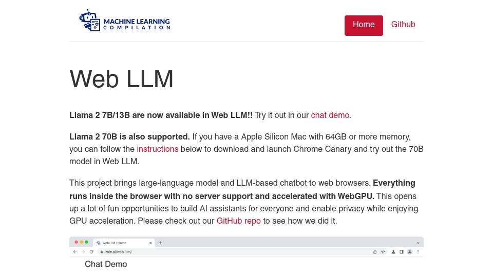 Screenshot of webllm.mlc.ai: WebLLM: Llama2 in the Browser