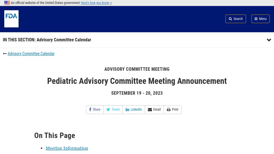 Screenshot of fda.gov: FDA schedules meeting to establish regulatory rules for artificial womb trials