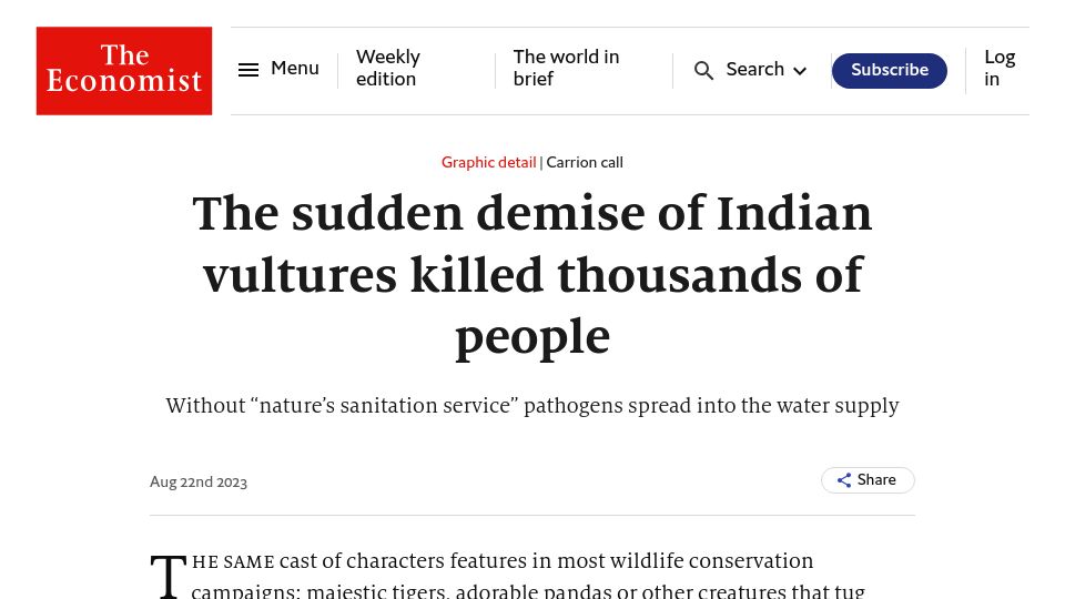 Screenshot of economist.com: The sudden demise of Indian vultures killed thousands of people