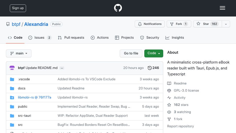 Screenshot of github.com: Alexandria: A minimalistic cross-platform eBook reader