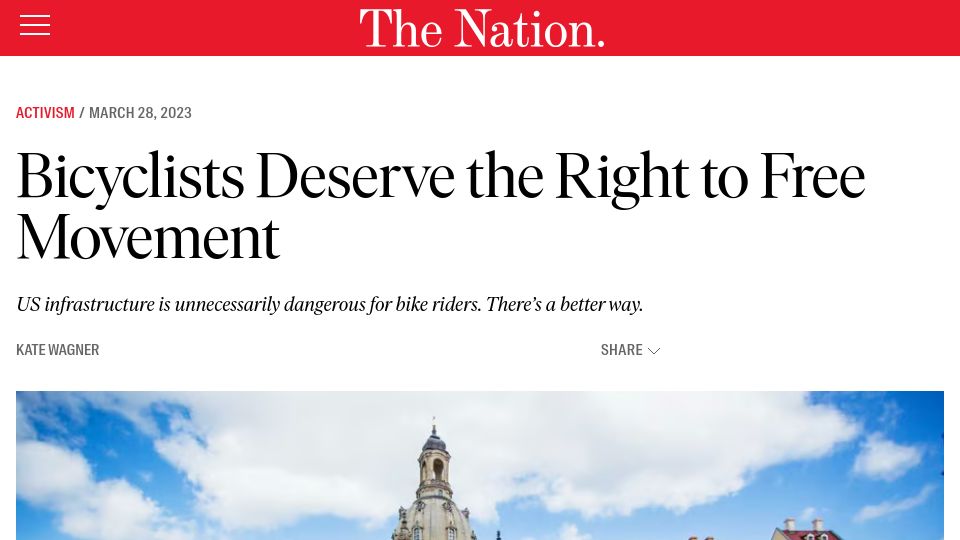 Screenshot of thenation.com: Bicyclists Deserve the Right to Free Movement