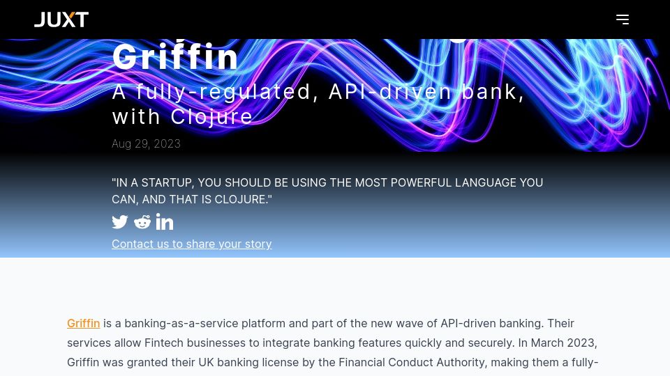 Screenshot of juxt.pro: Griffin – A fully-regulated, API-driven bank, with Clojure