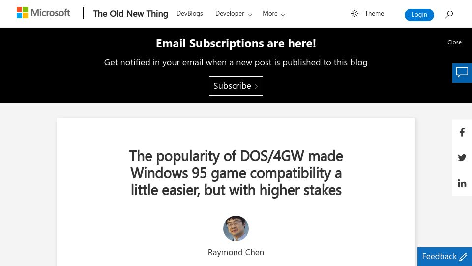 Screenshot of devblogs.microsoft.com: DOS/4GW made Windows 95 game compatibility easier, but with higher stakes