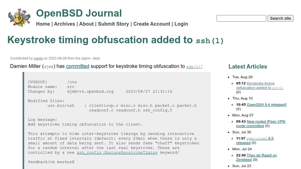 Screenshot of undeadly.org: Keystroke timing obfuscation added to ssh(1)