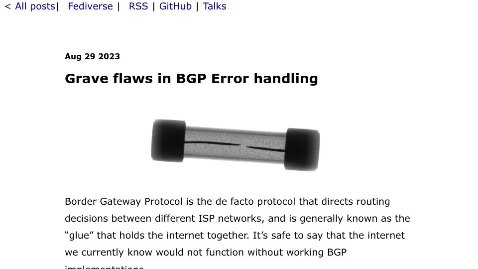 Screenshot of blog.benjojo.co.uk: Grave flaws in BGP Error handling