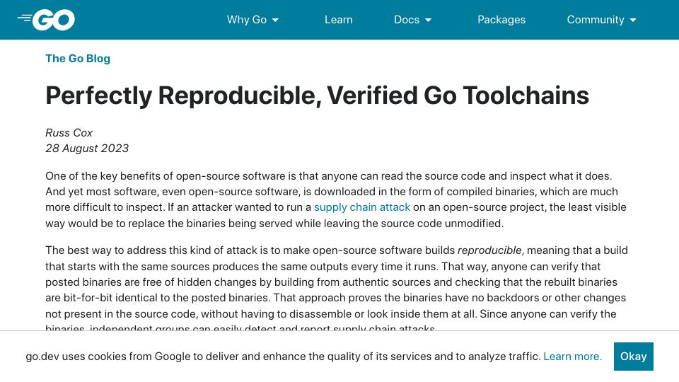 Screenshot of go.dev: Perfectly Reproducible, Verified Go Toolchains