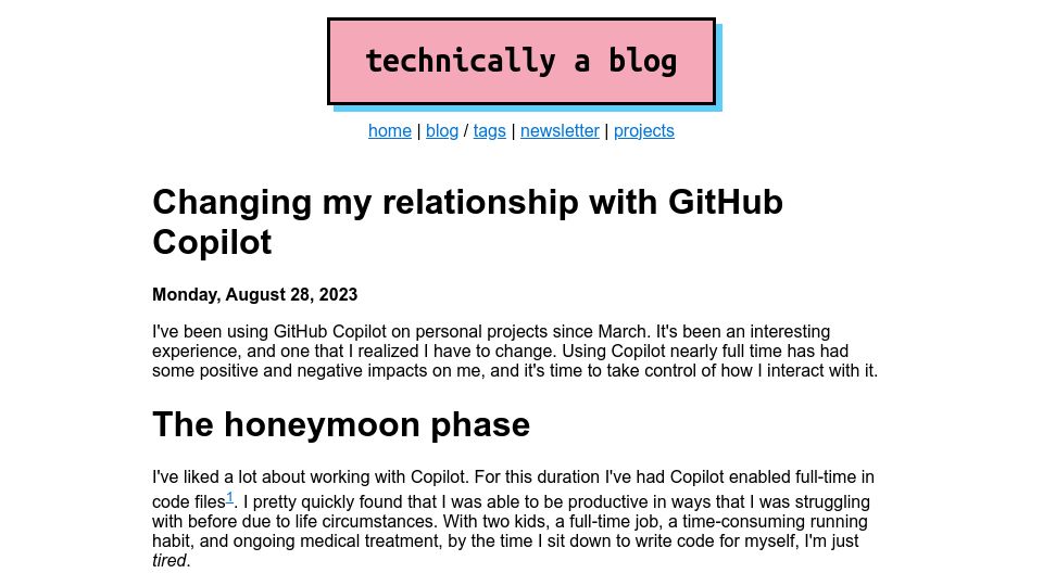 Screenshot of ntietz.com: Changing my relationship with GitHub Copilot