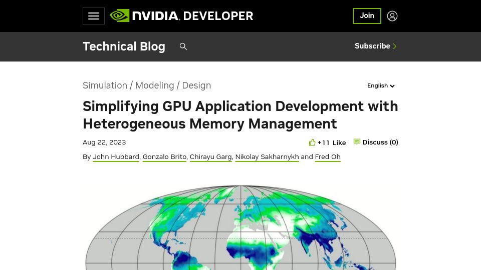 Screenshot of developer.nvidia.com: Simplifying GPU Application Development with HMM
