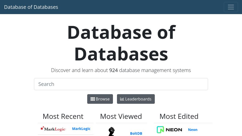 Screenshot of dbdb.io: Home – Database of Databases