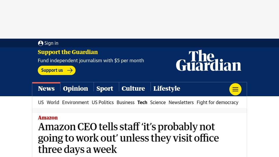 Screenshot of theguardian.com: Amazon CEO tells staff to work in office 3 days a week or look for another job