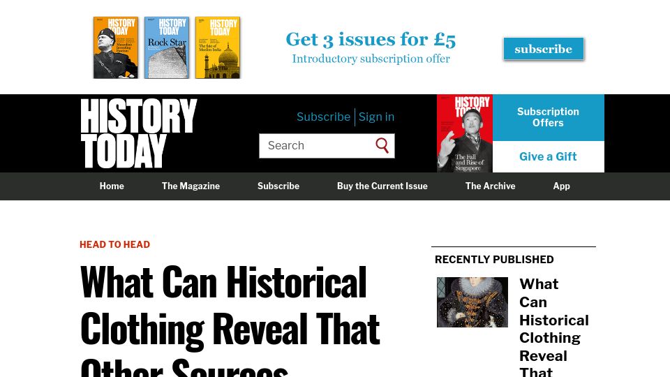 Screenshot of historytoday.com: What can historical clothing reveal that other sources cannot?